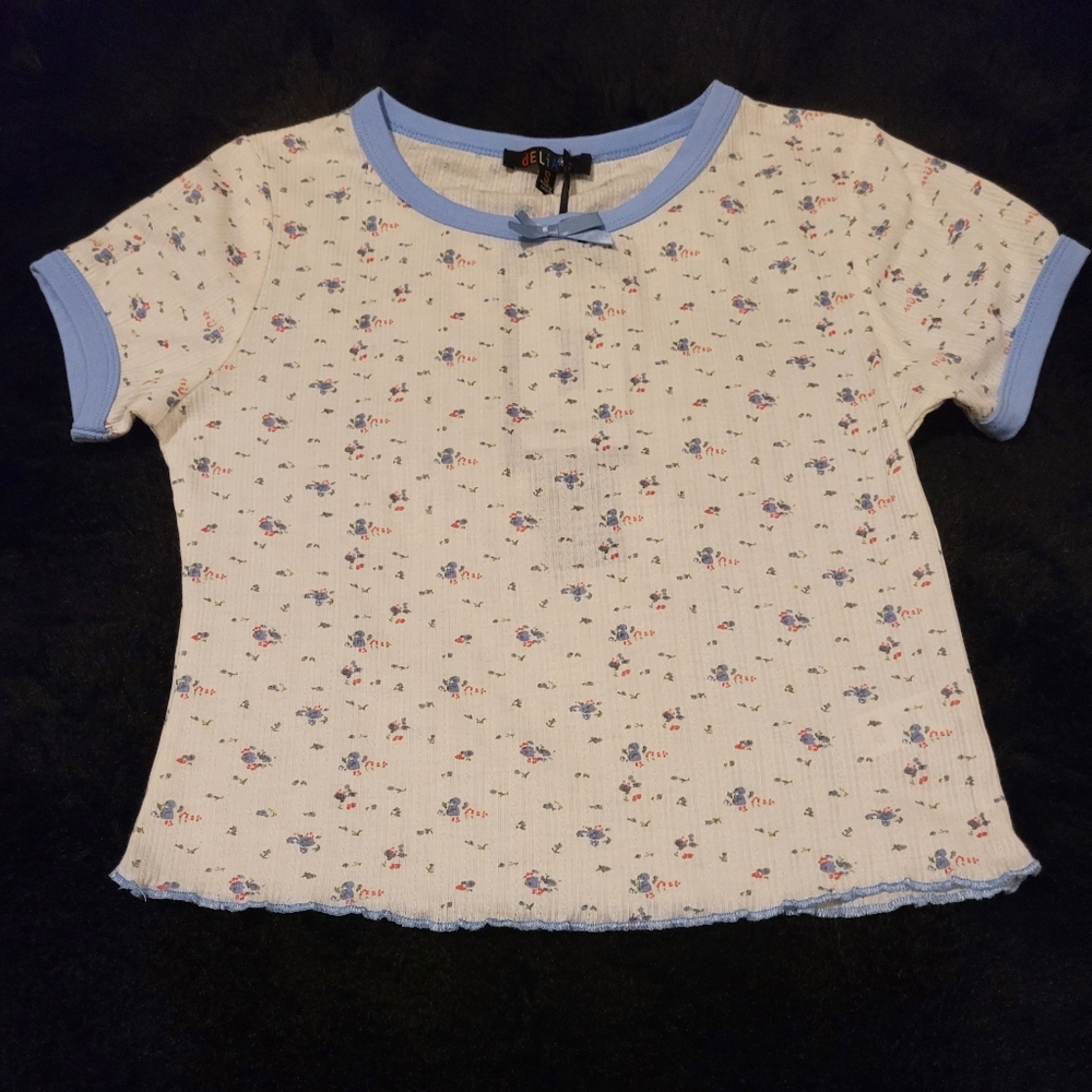 Delia's By Dolls Kill White Blue Pointelle Floral Tee